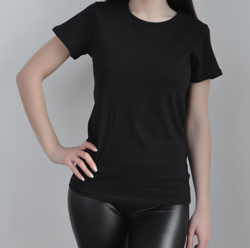 Скидка на черные женские футболки из 100% хлопка плотностью 160 гр, размеры от S до 2XL